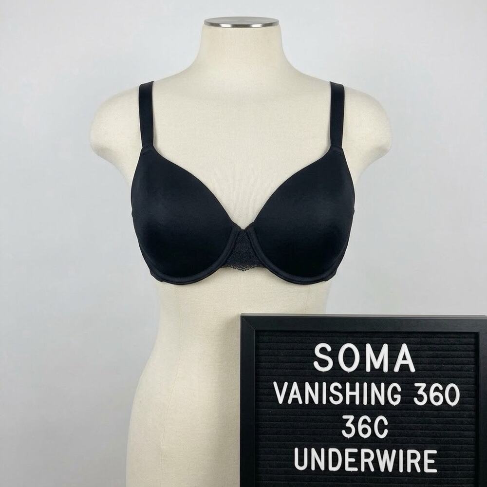 Soma 36C Vanishing 360 Perfect Coverage Lace Trim Bra #112001 Black Underwire